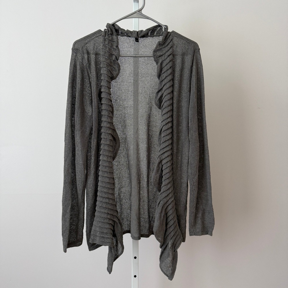 EILEEN FISHER M Gray Cardigan Ruffle Open Linen Sheer Sweater Shabby Festival‎